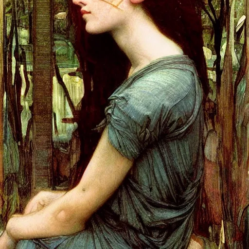 Image similar to washed - out by john william waterhouse. a beautiful print. it has no visible auditory organs, just eyes, human eyes, hundreds of them, in the ends of stalks that radiate from its body like some exotic fruit.