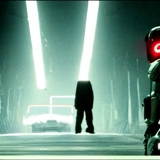 Image similar to movie still of cool cyborg, cinematic composition, cinematic light, by edgar wright and david lynch