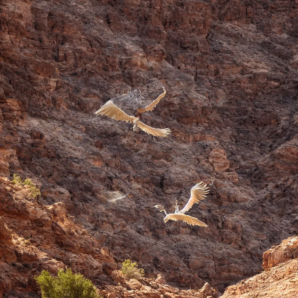 Prompt: feathered flying snake flying through a shot canyon, Utah, light rays, ambient occlusion