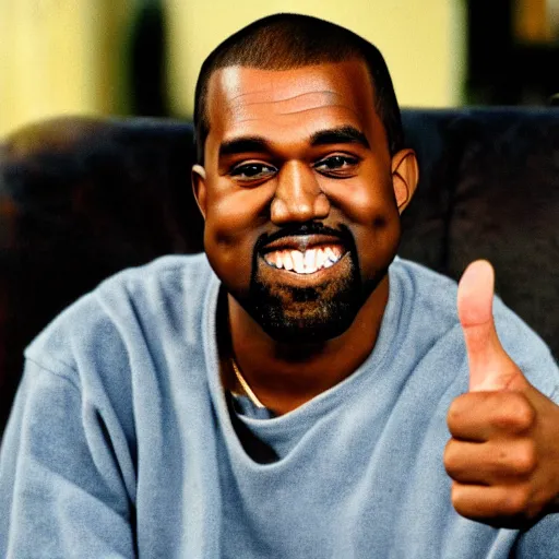 Image similar to Kanye West smiling and giving a thumbs up for a 1990s sitcom tv show, Studio Photograph, portrait C 12.0