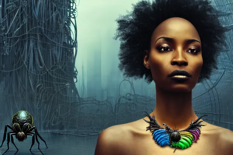 Prompt: realistic detailed closeup portrait movie shot of a beautiful black woman with a giant spider, dystopian city landscape background by denis villeneuve, amano, yves tanguy, alphonse mucha, max ernst, ernst haeckel, kehinde wiley, caravaggio, cyber necklace, rich moody colours, sci fi patterns, wide angle