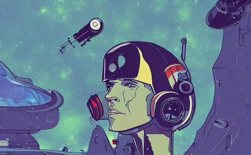 Image similar to a portrait of Alain Delon pilot in spacesuit headphones in pacing on field forrest spaceship station landing laying lake artillery outer worlds shadows in FANTASTIC PLANET La planète sauvage animation by René Laloux