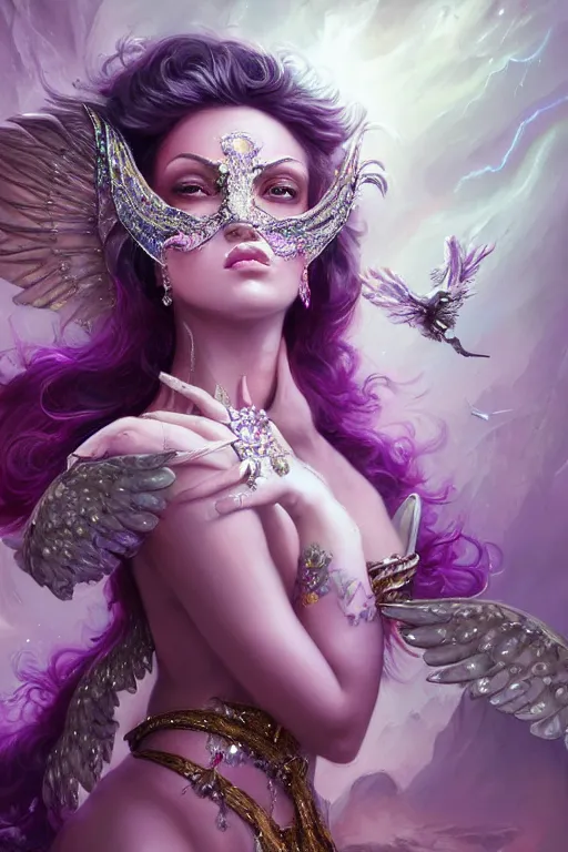 Prompt: beautifulmodel face covered with diamonds wearing crystals, diamonds, angel, fantasy, dramatic lighting, highly detailed, digital painting, magic the gathering, purple background storm, hyper detailed, 3 d render, hyper realistic detailed portrait, peter mohrbacher, wlop, ruan jia