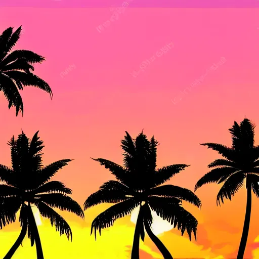 Prompt: Palm Trees with sunset in the background, logo, vaporwave, award winning, photorealistic
