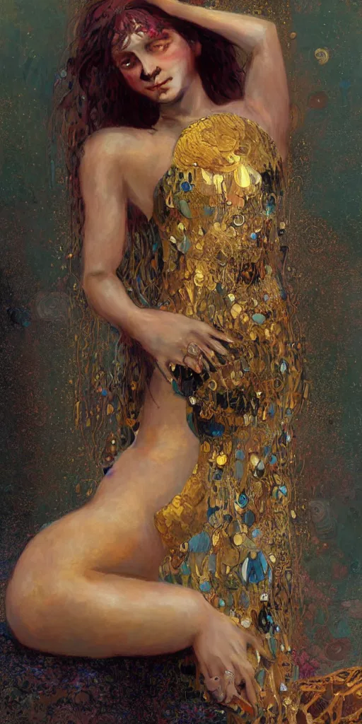 Image similar to an intricate portrait painting of an artistic pose young beautiful mermaid, klimt golden motives and textures, hyper - detailed, octane render, vivid colors, artstation, by jeremy mann, by gustav klimt