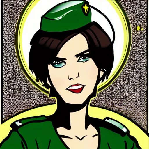 Image similar to brunette woman, short hair, flipped out ends hair, bright green eyes, fascistic military uniform, smirk, cartoon style