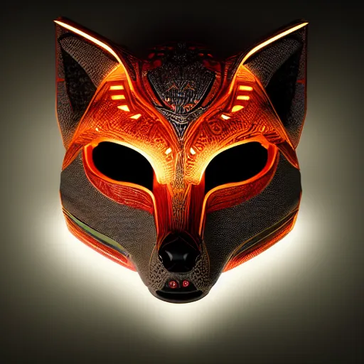 Image similar to cybertronic tribal mask, fox, japanese pottery, vivid colors, wood, metal, intricate details, trending on cgsociety, concept art, glowing eyes, sharp focus, ultra realistic details, cinematic atmosphere, global illumination, shadows