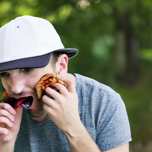 Image similar to stock photo of man eating own hat, funny, professional photography, high definition, 8k resolution