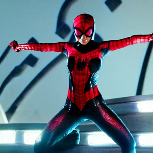 Prompt: Ayumi Hamasaki as spiderwoman , film still, best scene,