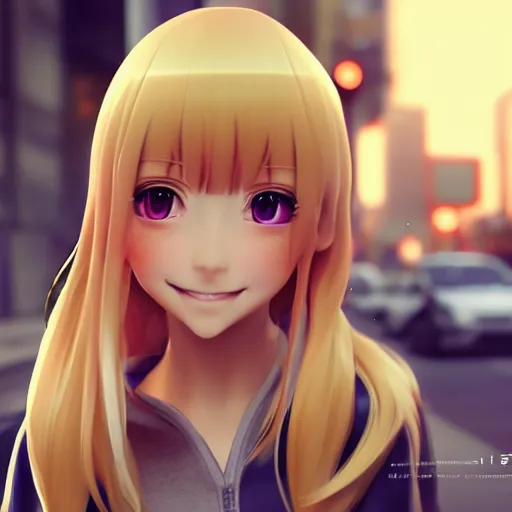 Prompt: a very beautiful 3d anime girl on the street, unreal engine 5 4k render, hazler eyes, cute smile, incredibly high detailed, studio quality, trending on artstation, medium shot, long blonde hair