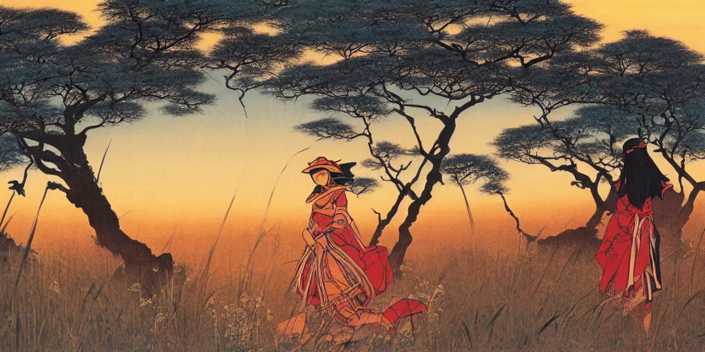 Image similar to anime woman in the savannah at golden hour by kitano tsunetomi, 1 9 3 9