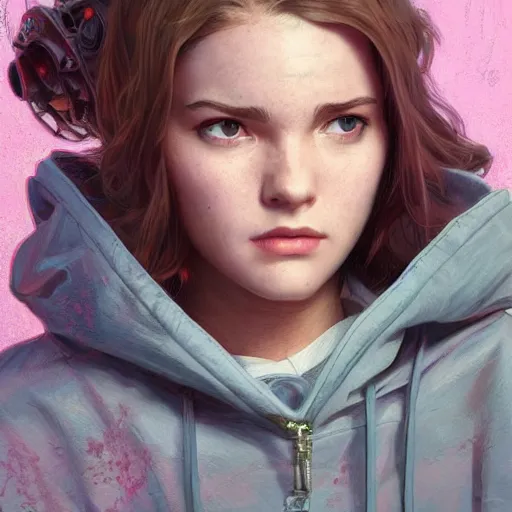 Image similar to character portrait of a 1950s teenage girl in a hoodie, dystopian cyberpunk steampunk mood, intricate, wild, highly detailed, digital painting, artstation, upper body, concept art, smooth, sharp focus, illustration, art by artgerm and greg rutkowski and alphonse mucha