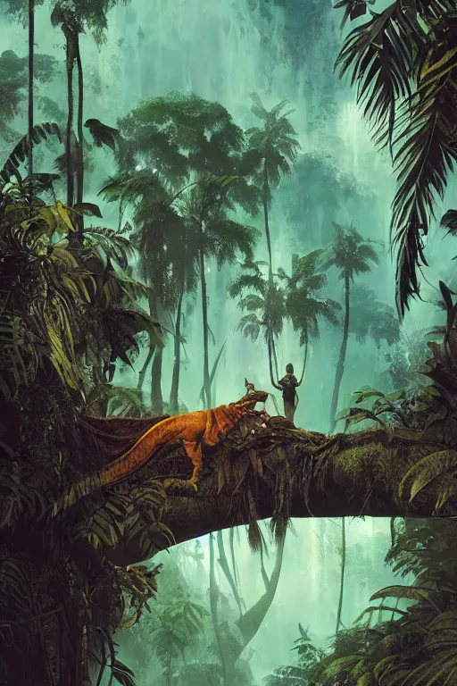 Prompt: Poster, adventure travel to the exotic jungle, vintage Film Poster, illustration, dramatic lighting, cinematic, establishing shot, extremly high detail, photo realistic, cinematic lighting, post processed, concept art, artstation, matte painting, style by eddie mendoza, raphael lacoste, alex ross