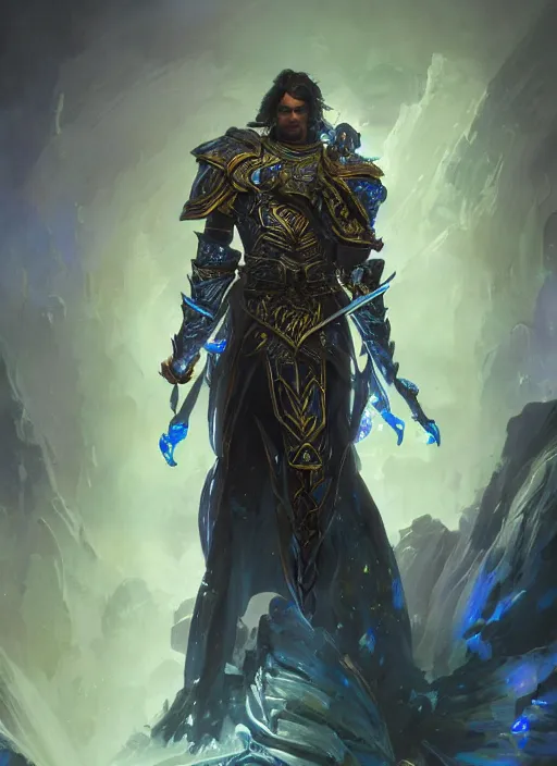 Prompt: kaladin stormblessed in shardplate. a knight in amazing fantasy armor that glows, bursting with blue light, sleek, lightweight but imposing, light glowing from the decorations and inscriptions. intricate and ornate. concept art from artstation. beautiful highly detailed fantasy painting by greg rutkowski