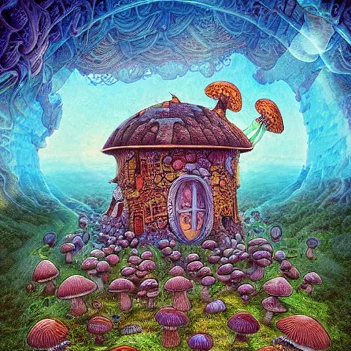 Prompt: a mushroom house in the middle of nowhere. detailed fantasy art modern hypercartoon deviant art psychedelic funky amanda sage and ferdinand knab and beeple