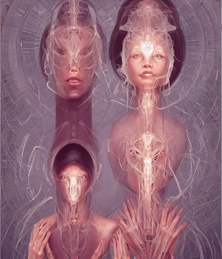 Image similar to fully symmetrical centered portrait of a beautiful princess in robe. artificial muscles, ribcage, bones, hard surface modelling. cyberpunk look. biomechanical mask. bio luminescent biomechanical halo around head. jellyfish. artwork by jarold Sng by artgerm, by Eddie Mendoza, by Peter mohrbacher by tooth wu by alfons mucha, unreal engine, octane render, cinematic light, iridescent details, iridescent colors, dichroic, macro, depth of field, blur