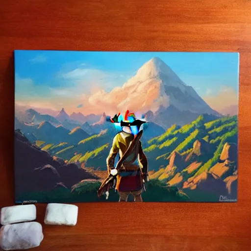 Image similar to oil painting of zelda breath of the wild, iconic mountain in the background. beautiful, rpg, dnd, artgerm, colorful, disney, pixar