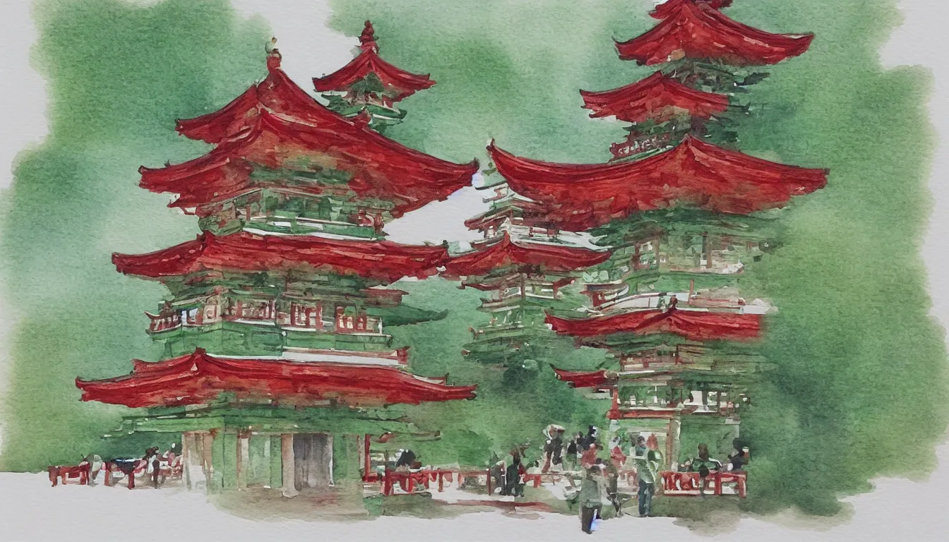 Prompt: watercolour painting of a pagoda, green and red accents, tea drinking