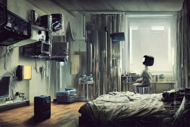 Image similar to IKEA catalogue photo, cyberpunk teenager bedroom, ghosts, screens, TVs, monitors, robots, by Beksiński