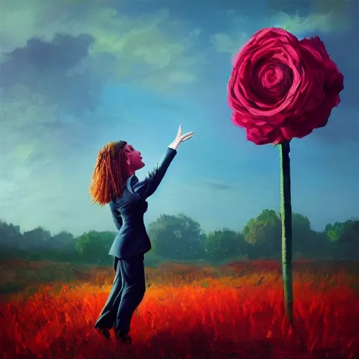 Image similar to portrait, giant rose flower head, girl dancing in a suit, surreal photography, sunrise, blue sky, dramatic light, impressionist painting, digital painting, artstation, simon stalenhag