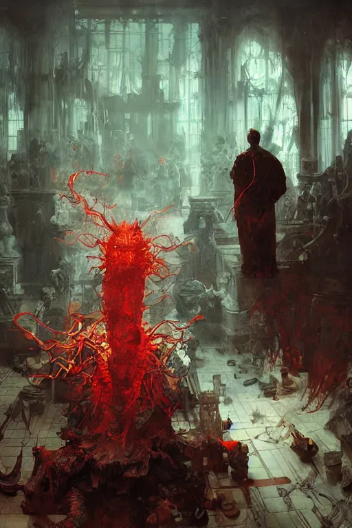 Prompt: scientists in a laboratory observe a demon from hell, painted by ruan jia, raymond swanland, lawrence alma tadema, zdzislaw beksinski, norman rockwell, jack kirby, tom lovell, alex malveda, greg staples