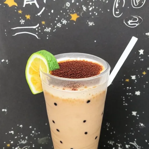 Image similar to milk tea with boba, the boba are small galaxies