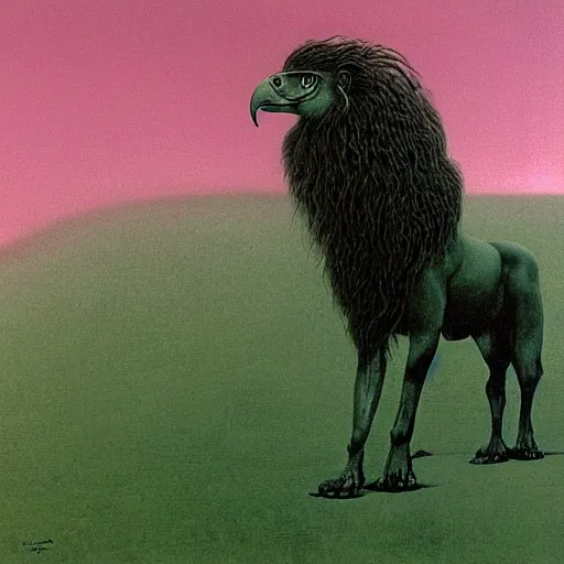 Prompt: a creature with the body and eyes of a man, with the beak of an eagle, the mane of a lion, and the horns of an ox. drawn by zdzislaw beksinski, green, pink, blue