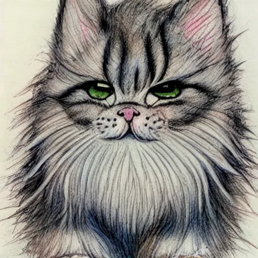 Image similar to extra fluffy humanoid Persian tabby cat standing on two feet, drawing by Don Bluth, colored pencil sketch with feathery lines, drawing by Yoshitaka Amano