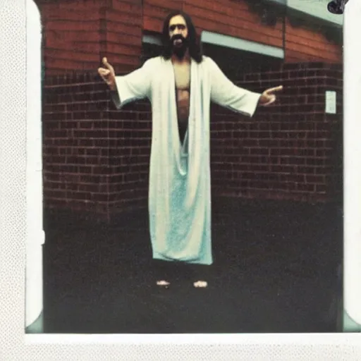 Image similar to a found polaroid of Jesus caught shoplifting, circa 1990