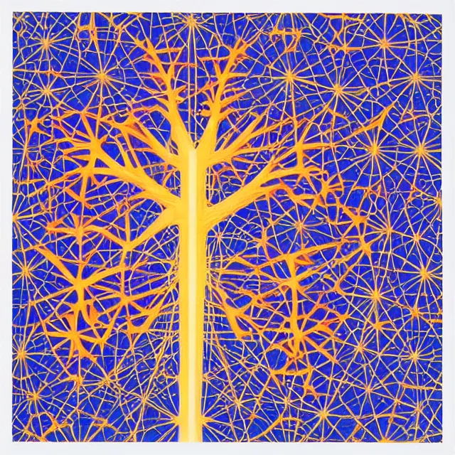 Image similar to sacred geometry tree of life in a minimalist collage of geometric shapes, tetrachromacy, primary colors, in the style of ikko tanaka, japanese graphic design, 1 9 8 0, by ernst haeckel