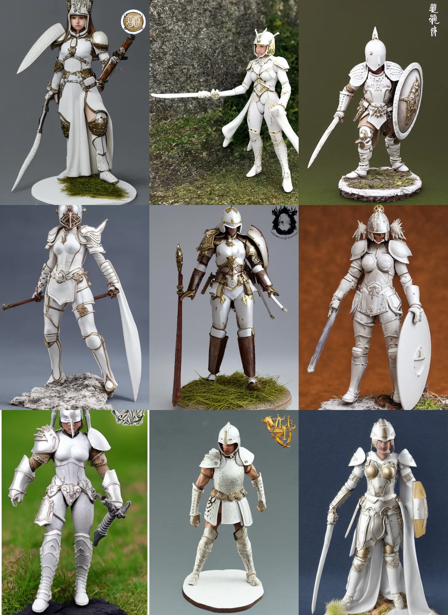 Prompt: 80mm resin detailed miniature of a Queen of war, white armor, iron mask and helmet, Very long white cloak, Very muscular, abdomen, olive skin, on Grassy textured base; Miniature product Introduction Photos, 4K, Full body; Front view