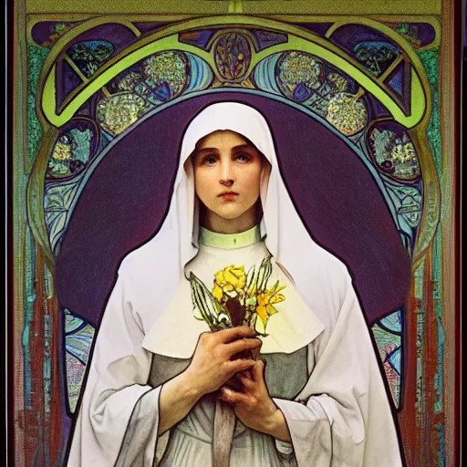 Prompt: a Masterpieces portrait of A nun covered in flowers radiates holy light in the church by Alphonse Mucha,Gustave Doré style,oil on canvas