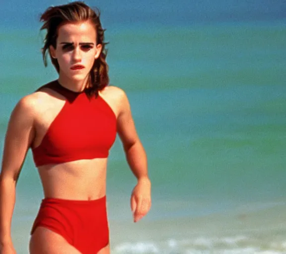 Image similar to color still shot of emma watson natalie portman hybrid on baywatch 1 9 8 9 tv show, running, face closeup,