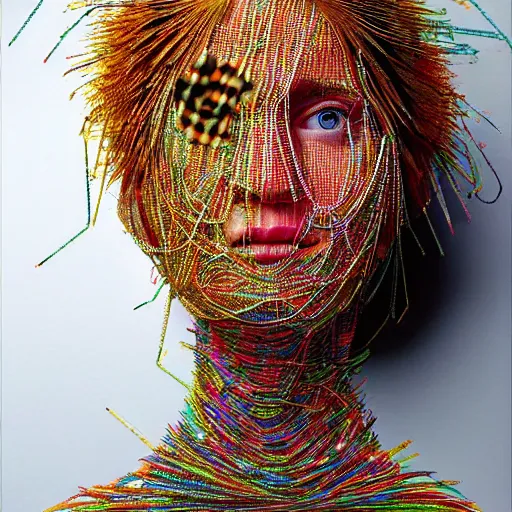 Image similar to hyper realistic woman with a weird head piece on her head, made of paperclips, made of insects, made of feathers, hybrid, bold natural colors, panfuturism, masterpiece, trending on artstation, photograph