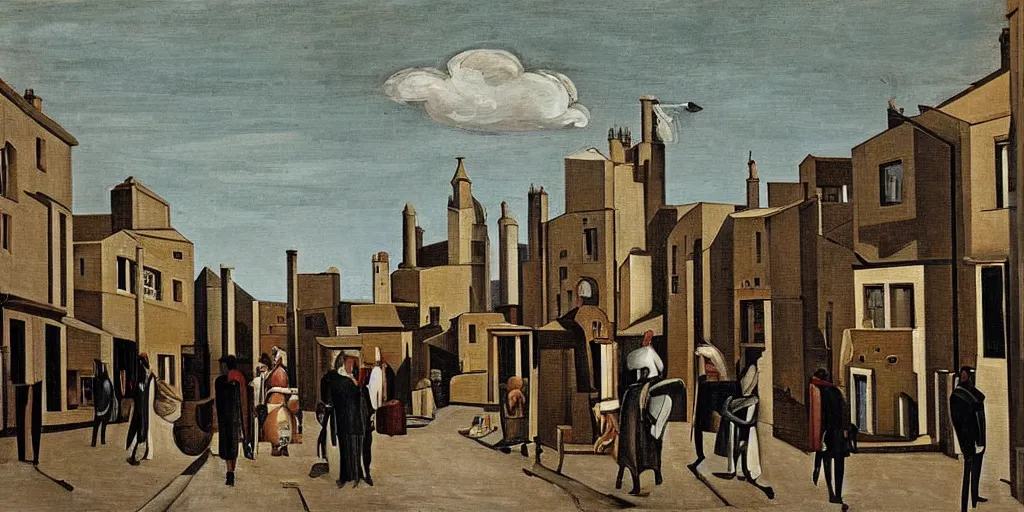 Image similar to a painting of street life in kirkwall, orkney, people,houses, by Giorgio de Chirico