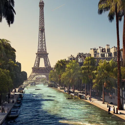 Image similar to landscape of the beautiful city of paris built in california, amazing sunny weather, eiffel tower next to the beach, palm trees, splendid haussmann architecture, digital painting, highly detailed, intricate, without duplication, art by craig mullins, greg rutkwowski, concept art, matte painting, trending on artstation, octane render, 8 k