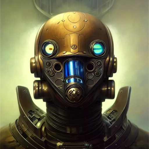 Image similar to front shot of a cyberpunk gazmask robot character, intricate, elegant, highly detailed, centered, digital painting, artstation, concept art, smooth, sharp focus, illustration, artgerm, Tomasz Alen Kopera, Peter Mohrbacher, donato giancola, Joseph Christian Leyendecker, WLOP, Boris Vallejo