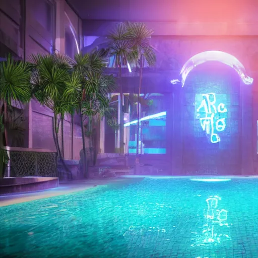 Image similar to a photograph of a broken statue in a surreal underground swimming pool surrounded by palm trees water and neon lights, vaporwave, unreal engine, octane render, dramatic lighting, volumetric lighting, neon lighting, ultra detailed, photorealistic