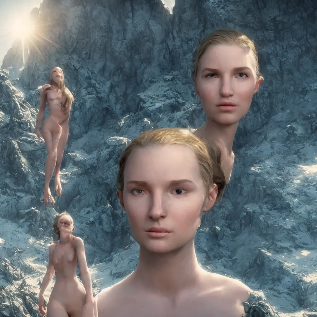 Image similar to extremely detailed cinematic movie still 3 0 7 7 portrait shot of phoenix princess 1 8 years old white woman hyperreal skin face at the mountain top by denis villeneuve, wayne barlowe, simon birch, marc simonetti, philippe druillet, beeple, bright volumetric sunlight from remote star, rich moody colors, closeup, bokeh