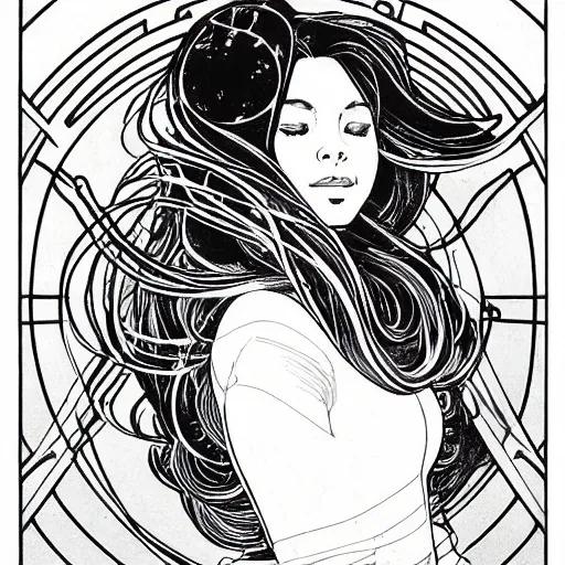 Image similar to clean simple line art of a woman floating in space. she is an astronaut, she is wearing a space suit. no background. well composed, clean coloring book page, beautiful detailed face. coloring book line art by greg rutkowski and steve ditko and alphonse mucha