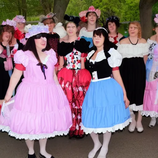 Prompt: large group of people wearing lolita dresses