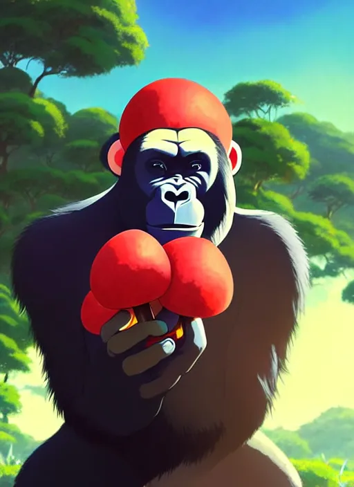 Image similar to portrait of gorilla holding a small red mushroom, sunny sky background, lush landscape, illustration concept art anime key visual trending pixiv fanbox by wlop and greg rutkowski and makoto shinkai and studio ghibli and kyoto animation, symmetrical facial features, black shirt, red headphones, backlit