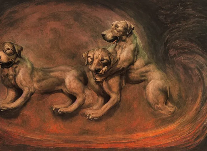 Image similar to hyperdetailed matte art of a three headed dog cerberus by william blake, ilya repin, amano, rene magritte, craig mullins, three headed dog cerberus, details