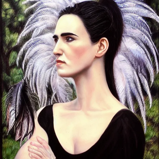 Image similar to detailed realistic oil painting youthful young jennifer connelly with black feathers instead of hair, dark fae, black lips, feathers growing out of skin, feathers growing from arms, black hands with long black claws, pale and sickly, profile view, gothic