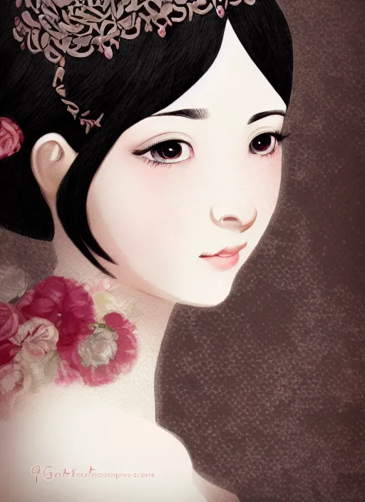 Image similar to a photograpic portrait of young woman, pride and prejudice, kawaii style, with kind face, dark hair, georgian dress, intricate, elegant, highly detailed, digital painting, smooth, sharp focus