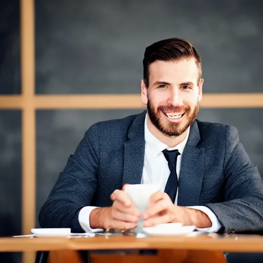 Image similar to head and shoulders male portrait of a young business professional, sitting down at a nice restaurant.