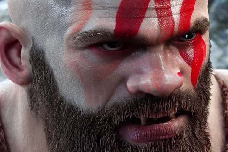 Image similar to vfx movie live action god of war closeup, natural grizzled skin by emmanuel lubezki