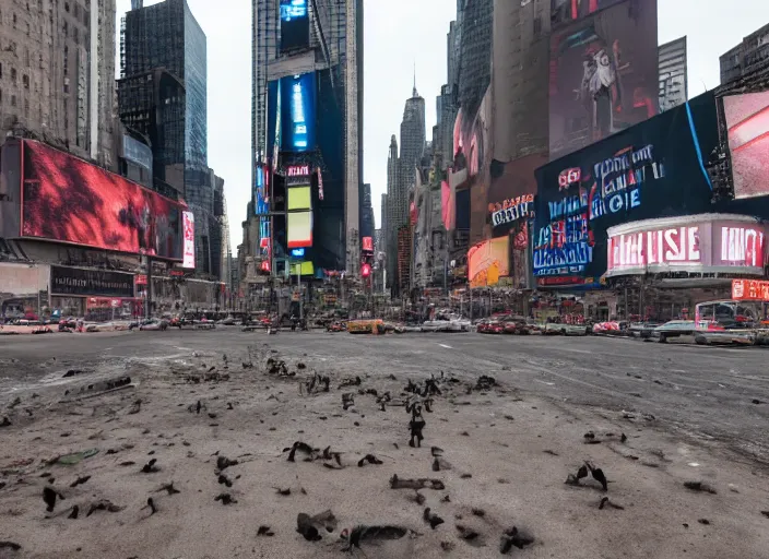 Prompt: film still of post apocalyptic empty time square at midnight, overgrown with wildlife walking through in the new sci - fi movie, 8 k