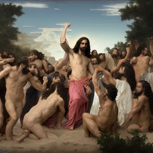 Prompt: an extremely detailed matte painting of a ridiculously good looking jesus that looks like a jewish gigachad with his 1 2 apostle entourage droing keg stands, long curly hair, elegant ancient greek dress, very detailed, windy beach, beautiful, intricate, cinematic, artstation, william bouguereau, alphonse mucha, greg rutkowski, rossdraws, octane render