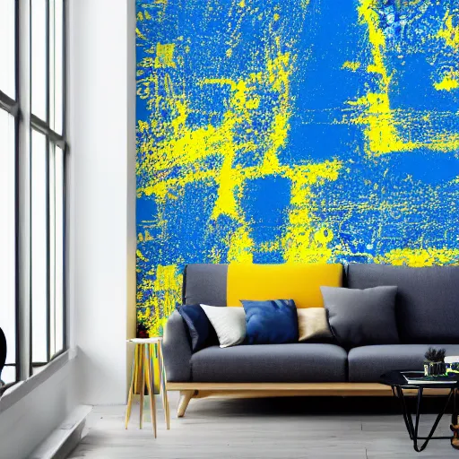 Prompt: interior of a living room, modern minimal design, abstract painting as wallpaper pattern, blue, yellow, photorealist, 4 k